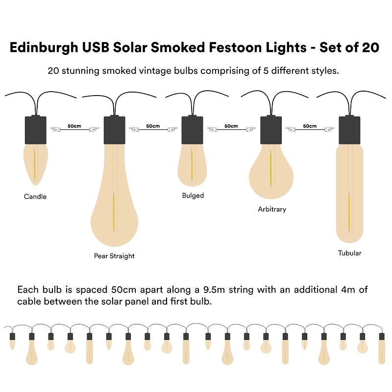 Suri Coastal 9.5M Edinburgh Solar USB Rechargeable Festoon Lights – 20 Lights (Smoked)