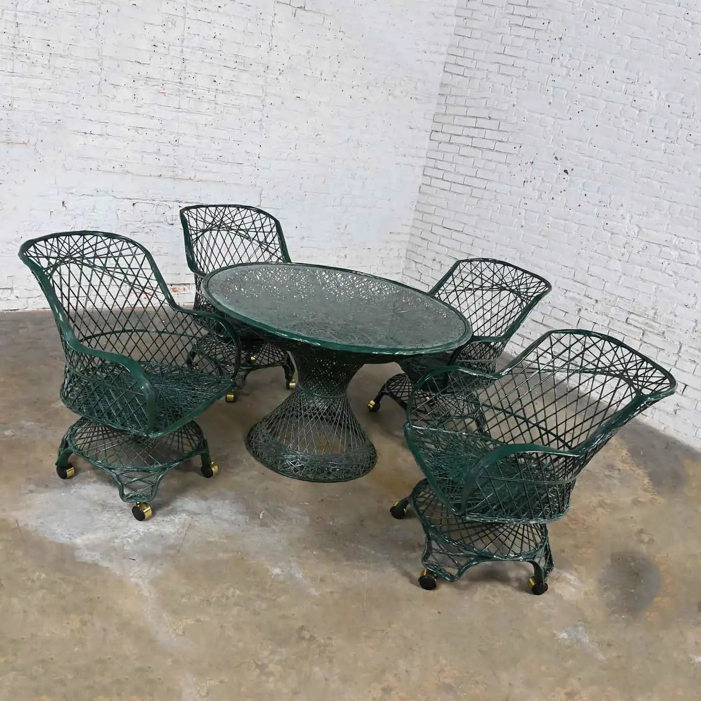 Fiberglass Forest Green Outdoor Dining Table & 4 Armchairs on Casters