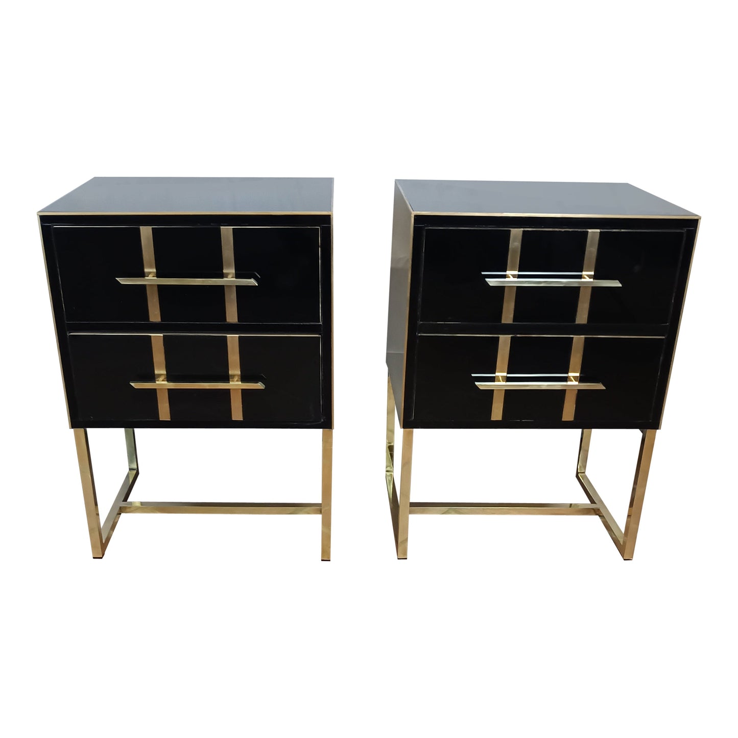 Black Glass Designer Side Tables – Set of 2 with Brass Details