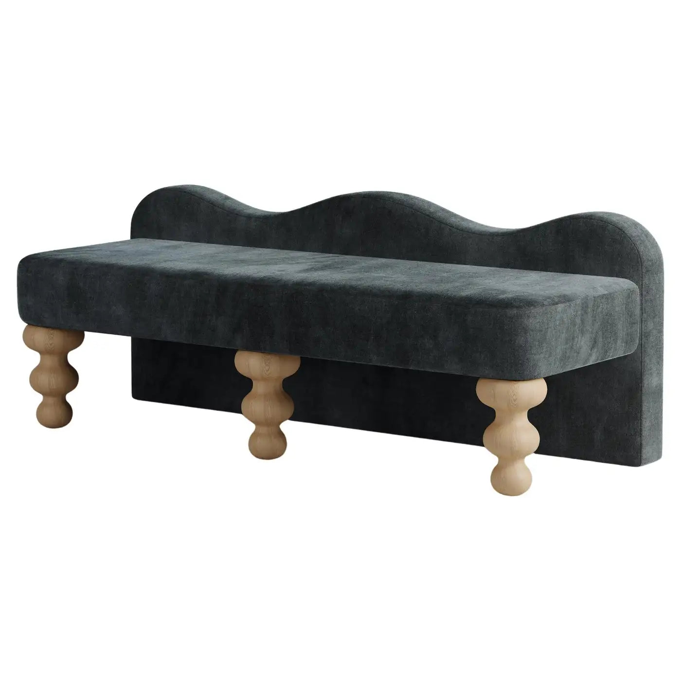 Gray velvet bench with wooden legs on a white background