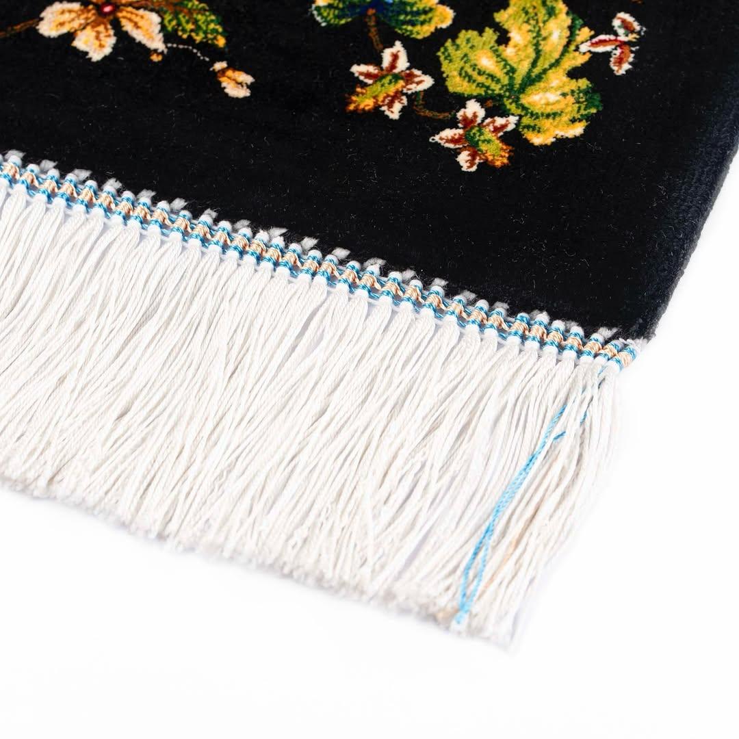 Persian Silk Carpet with Exotic Birds and Floral Tree – Black Paradise Garden Rug