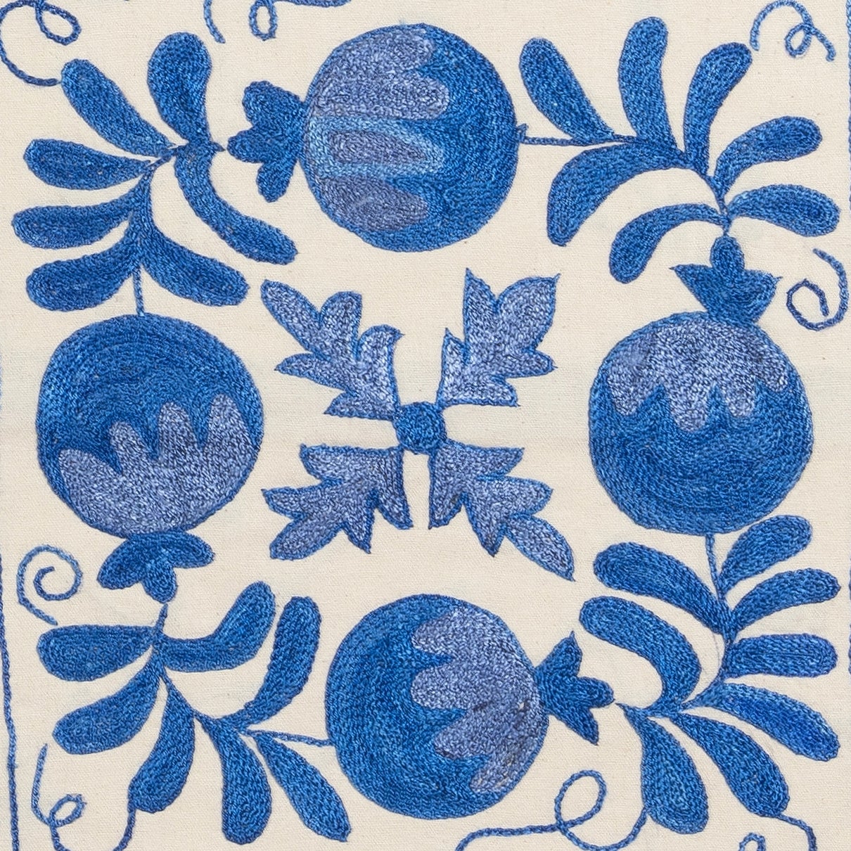 Modern Suzani Silk-Embroidered Pillow Case Cream & Blue, 46 x 46 cm