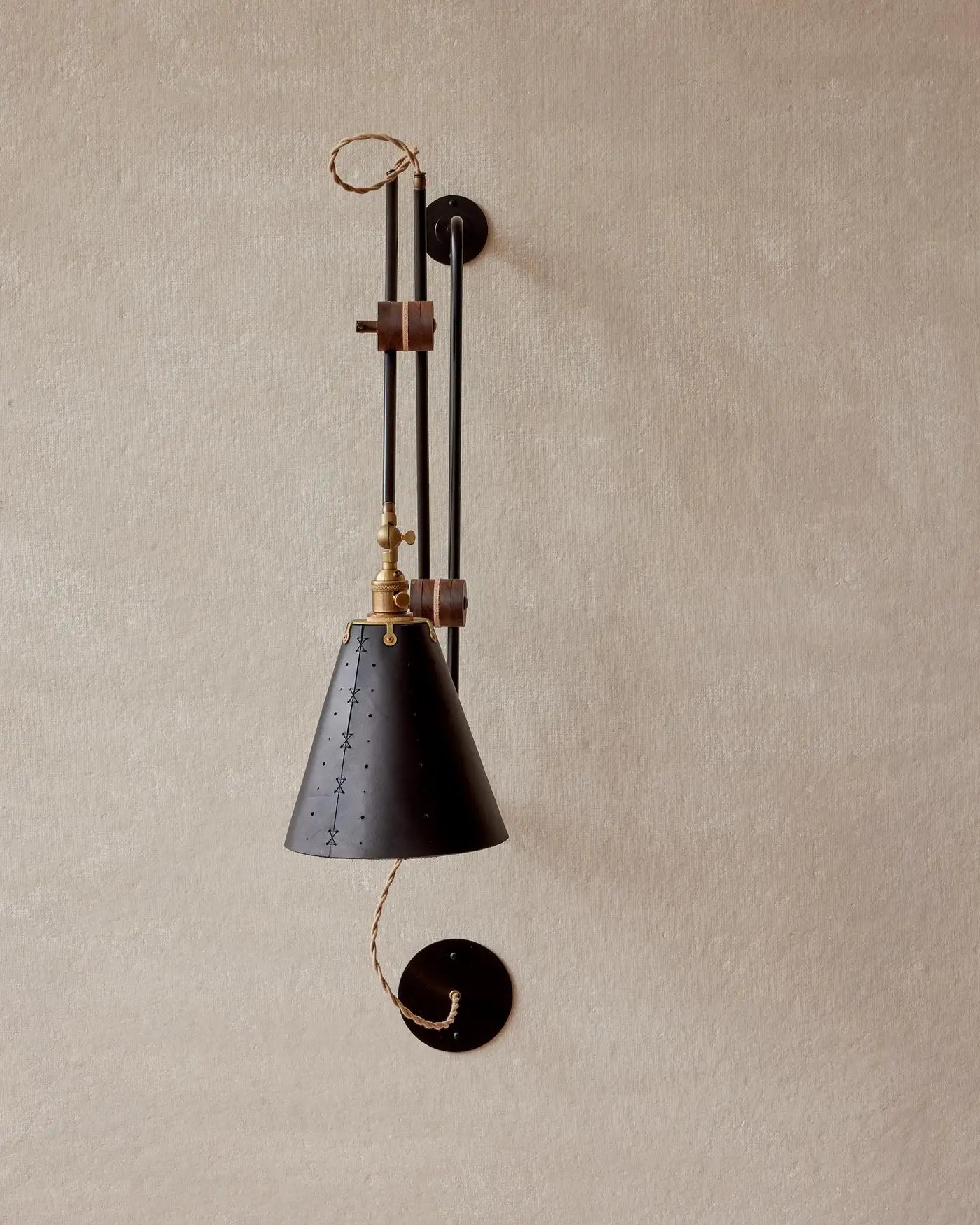 Modern Iron and Black Leather Grace Articulating Wall Sconce, Hardwired