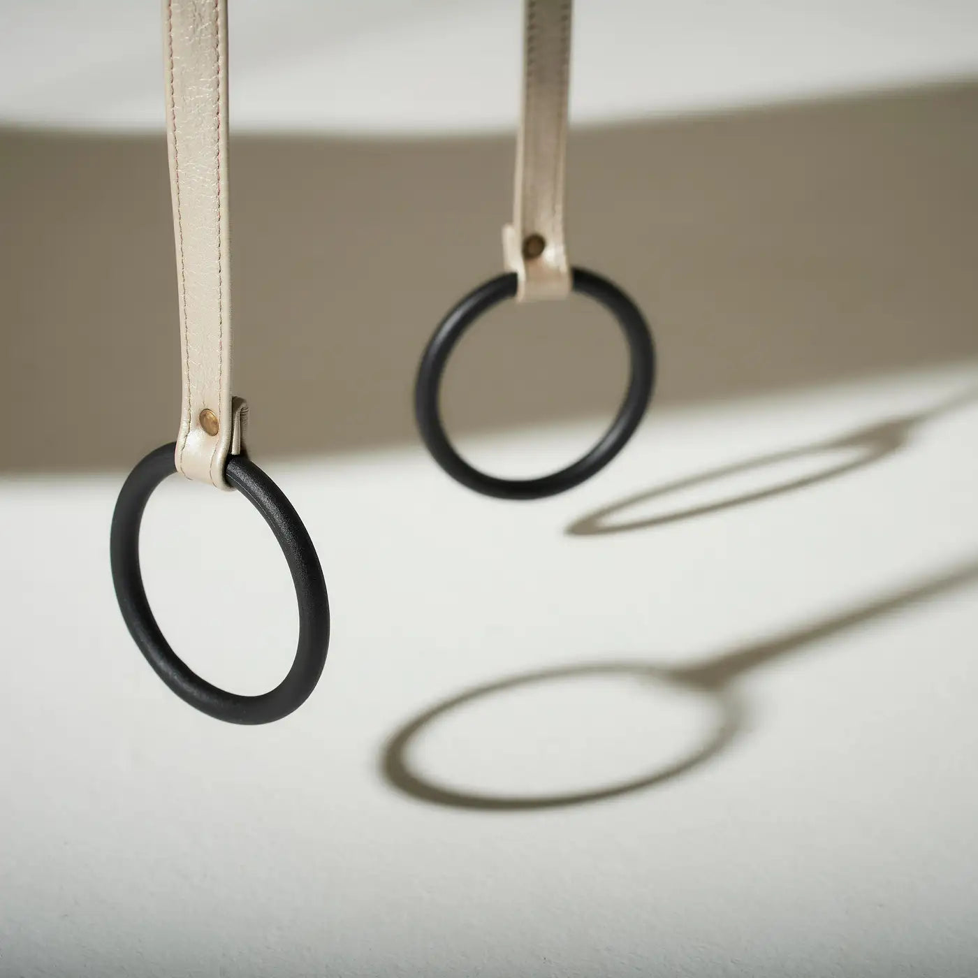 Two black gymnastic rings hanging on a white background