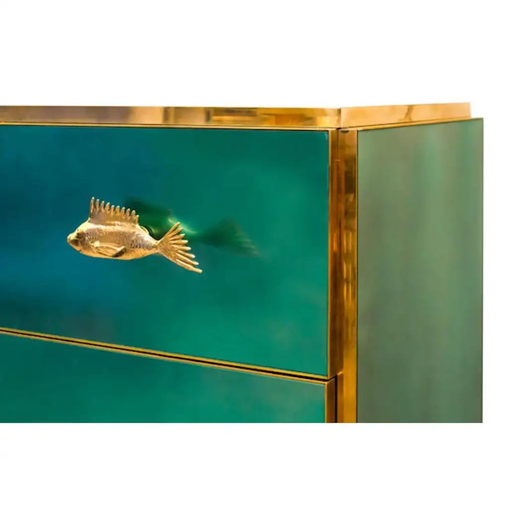 Bespoke Italian Art Deco Brass & Emerald Blue-Green Art Glass 9-Drawer Dresser Sideboard