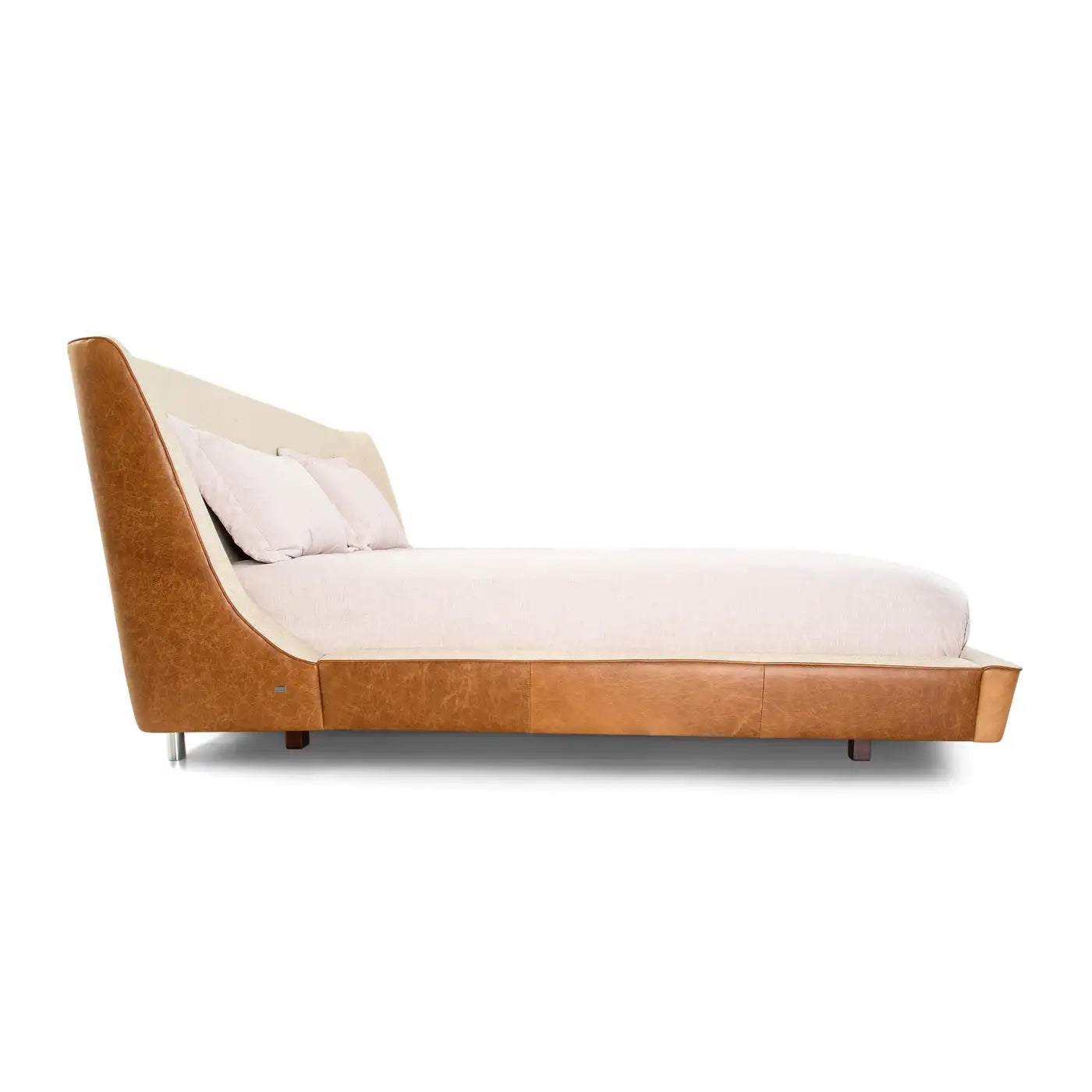 Brown Leather and Oatmeal Fabric Queen Bed, Shell Shaped Headboard - Musa Line
