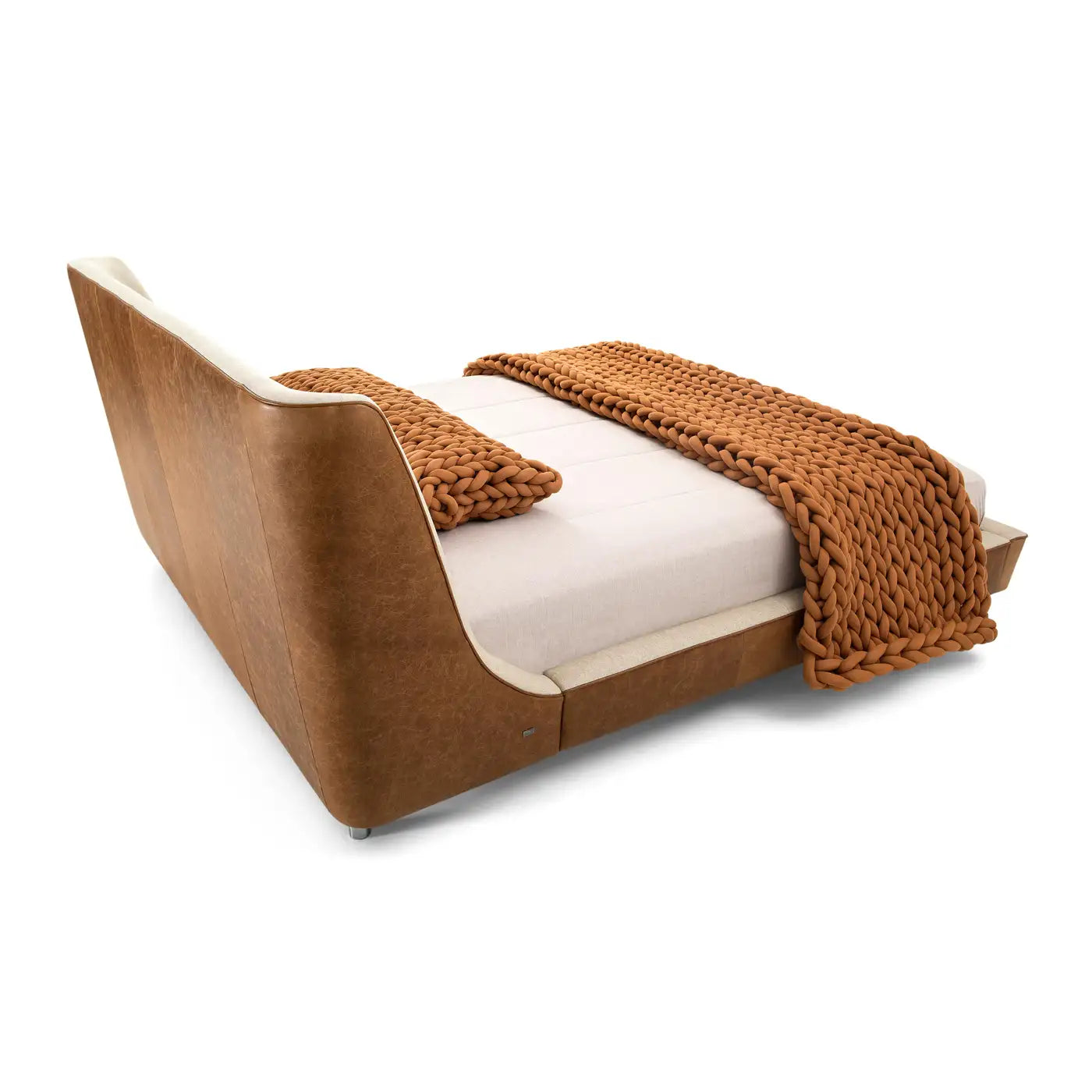 Brown Leather and Oatmeal Fabric Queen Bed, Shell Shaped Headboard - Musa Line