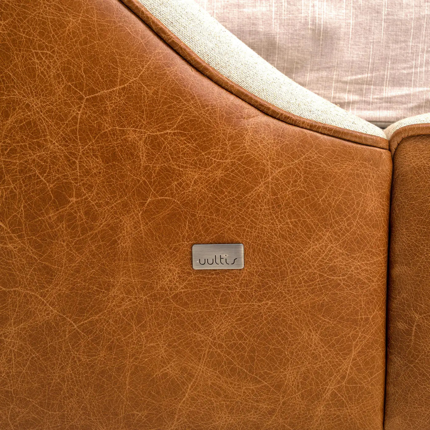 Brown Leather and Oatmeal Fabric Queen Bed, Shell Shaped Headboard - Musa Line