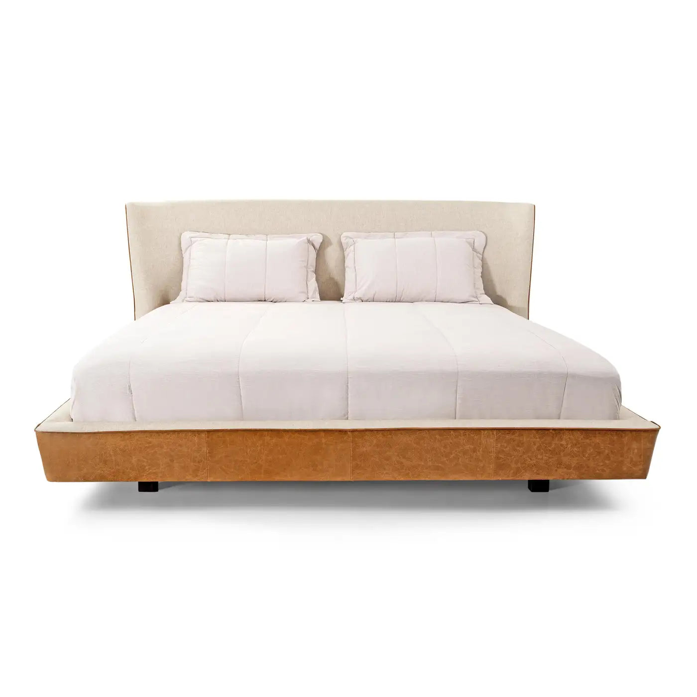 Brown Leather and Oatmeal Fabric Queen Bed, Shell Shaped Headboard - Musa Line