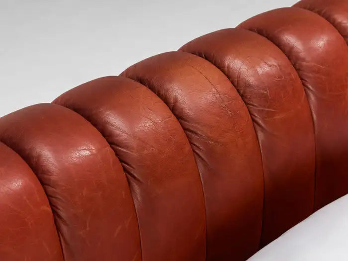 Close-up of a brown leather sofa with a white background