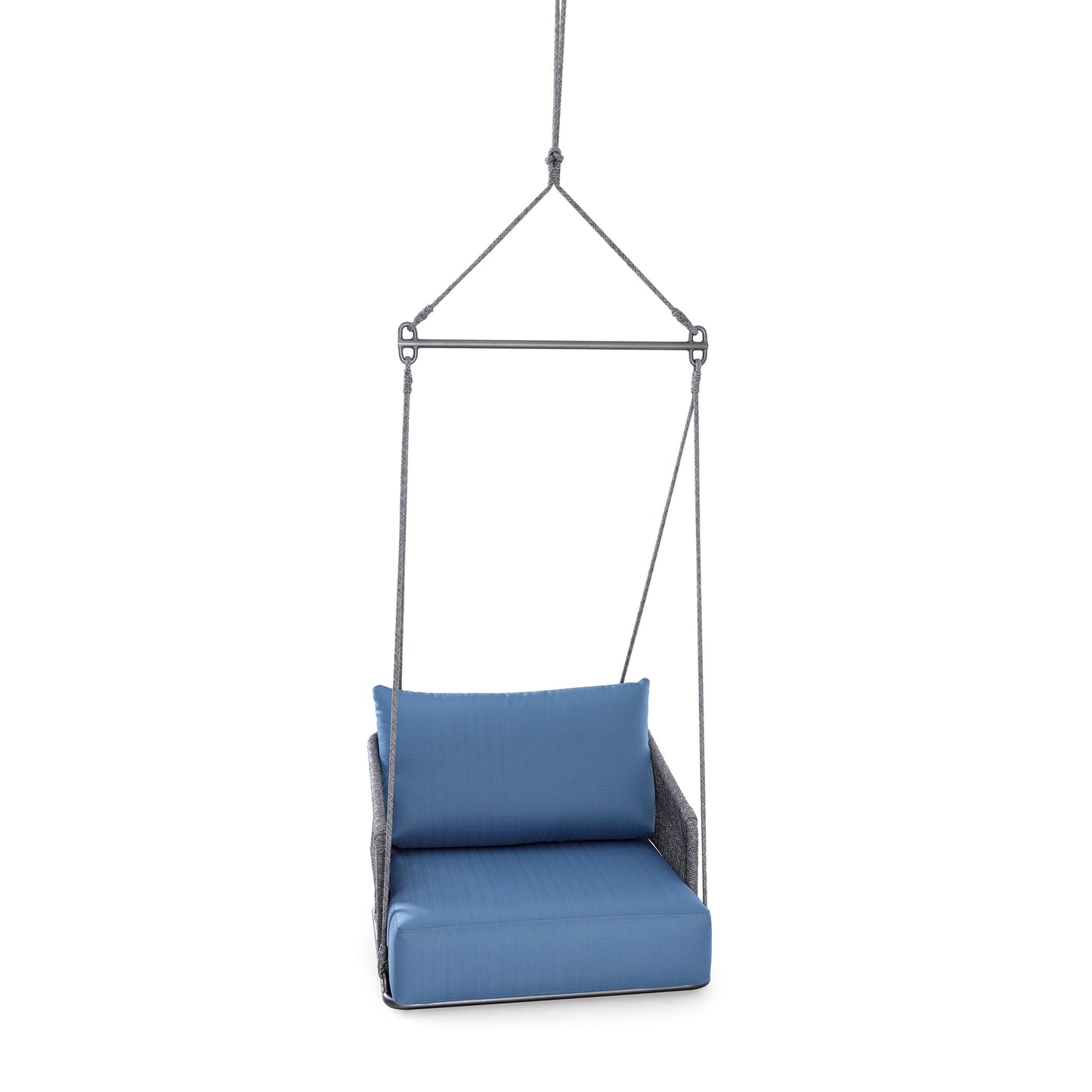 Blue cushioned hanging chair with gray frame on a white background