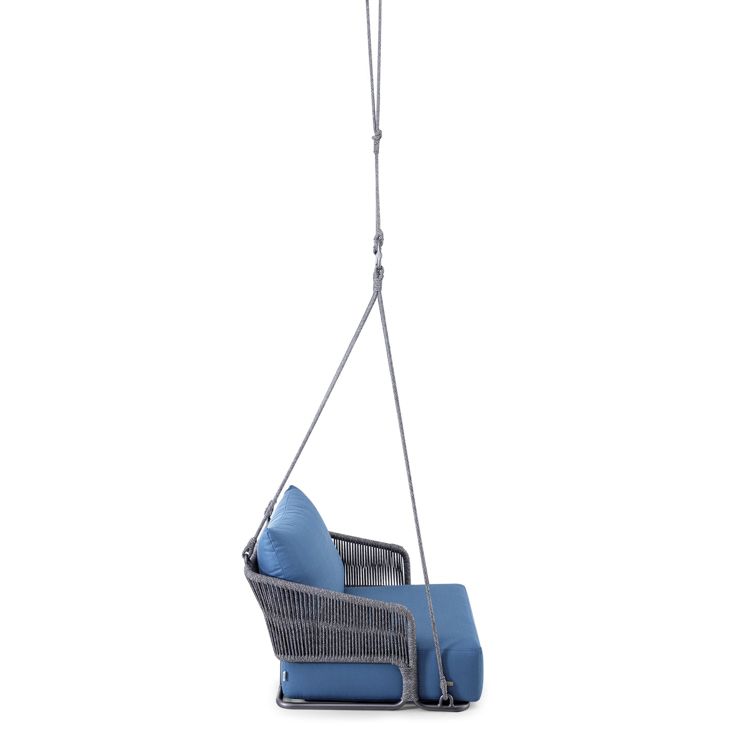 Hanging chair with blue cushion on a white background