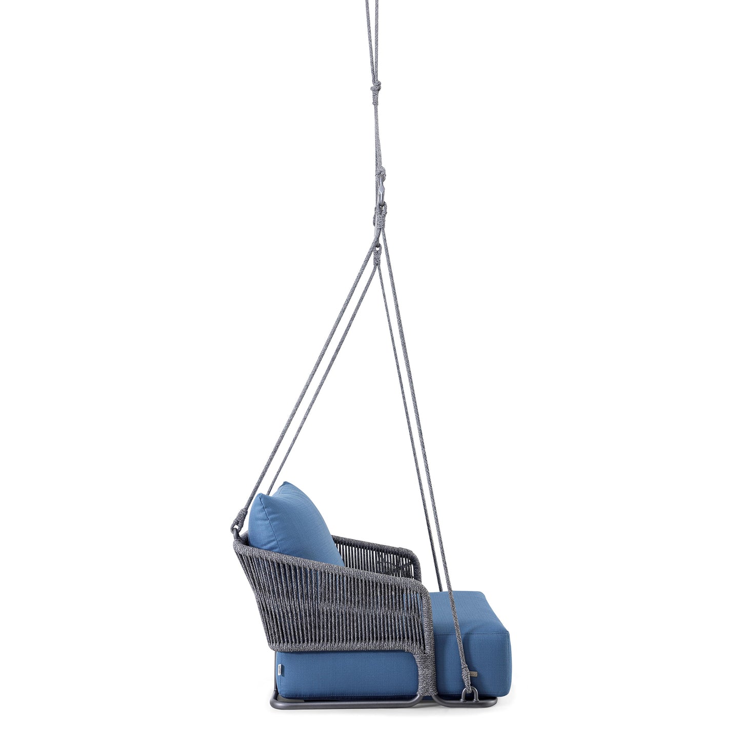 Blue swing chair with gray frame on a white background