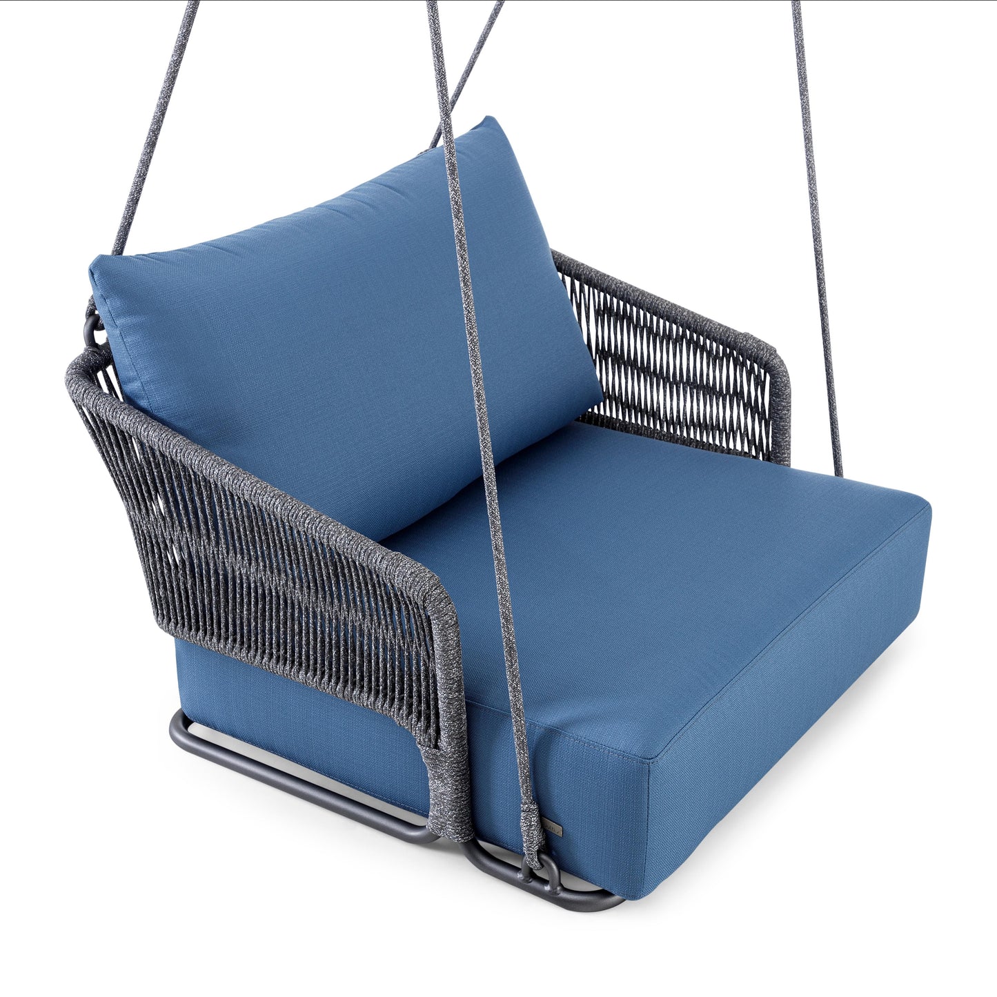 Outdoor Hanging Swing with Nautical Rope and Blue Cushions