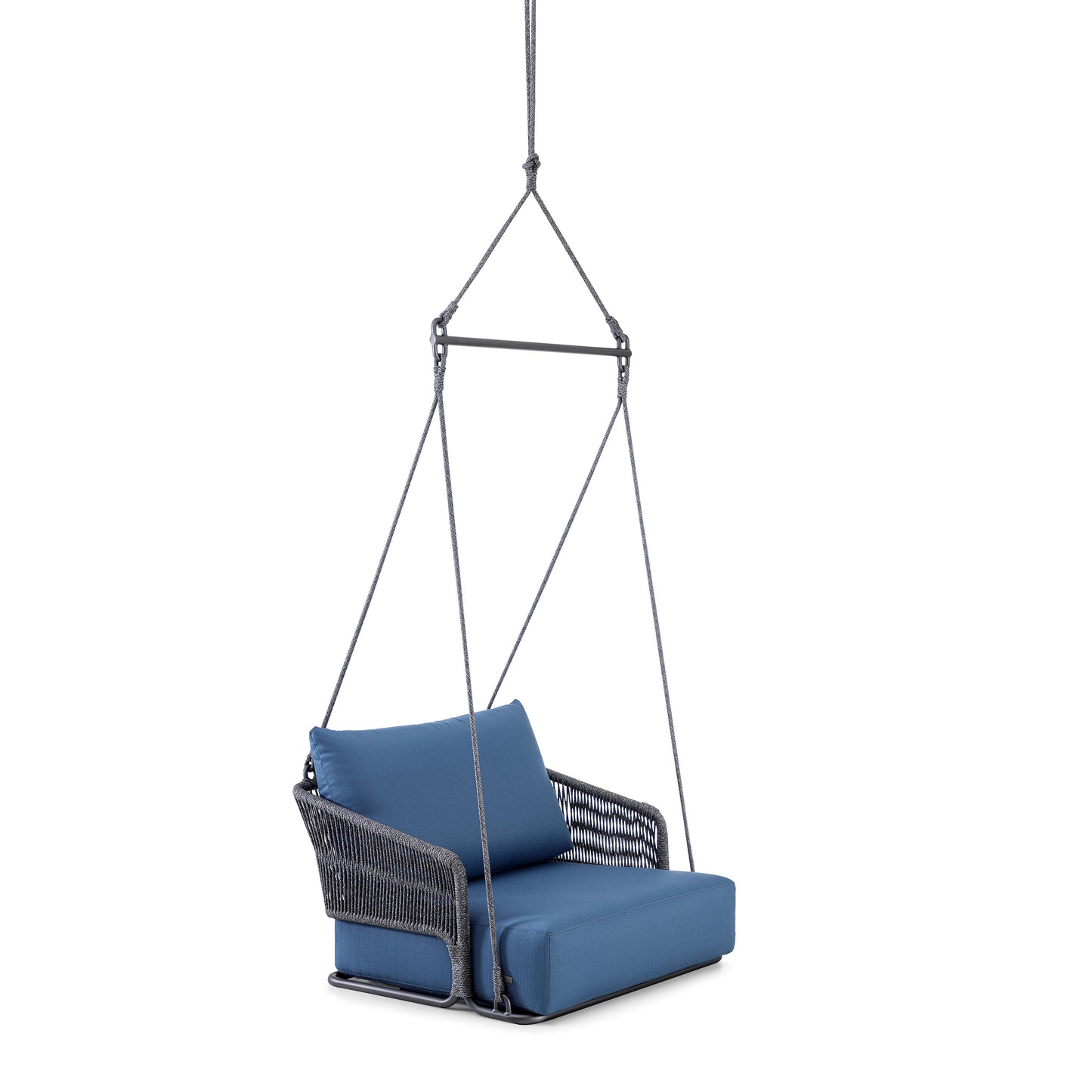 Blue cushioned swing chair with gray frame on a white background