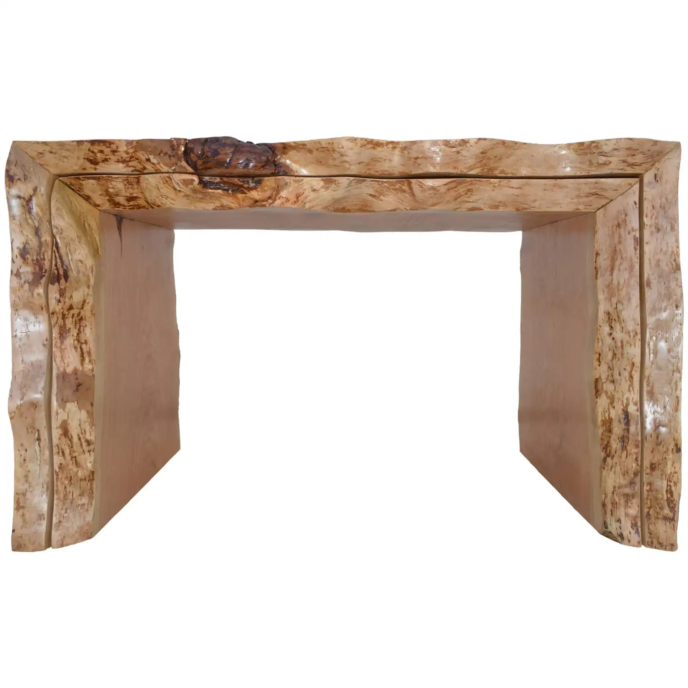 Wooden console table with a natural, textured finish on a white background