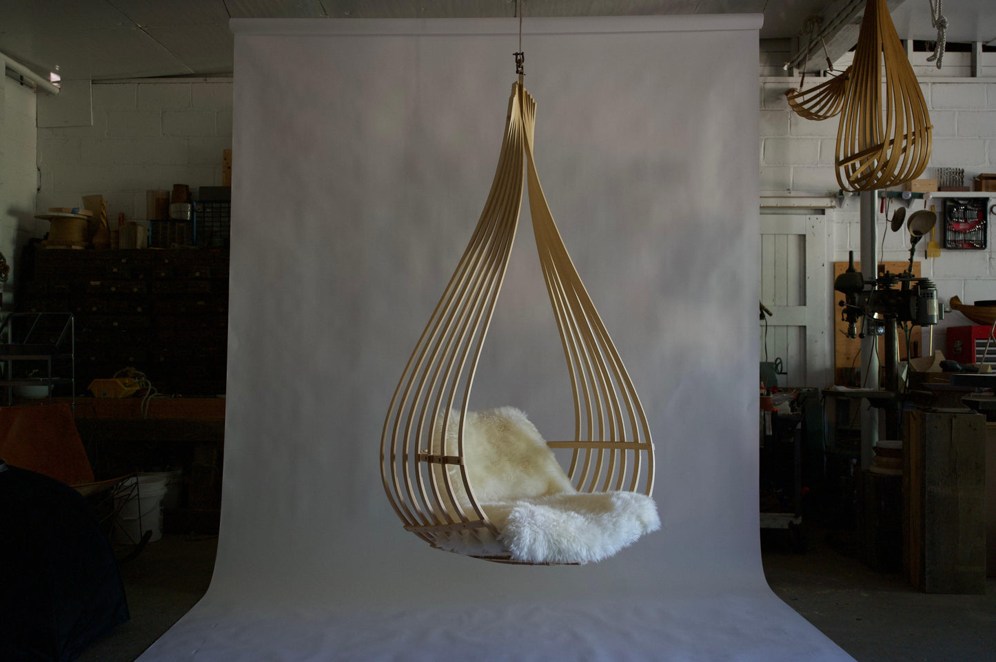 Le Nid Indoor Hanging Chair – Steam Bent Hickory with Shearling Cushion