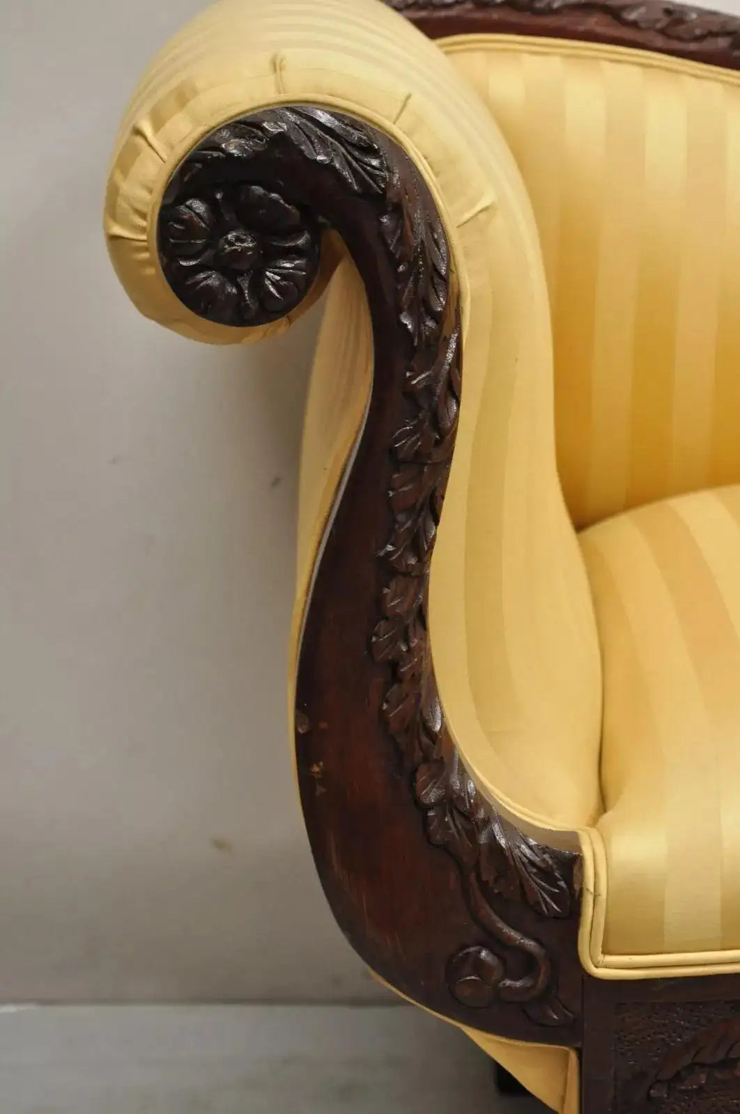 Antique American Empire Figural Carved Mahogany Recamier Gold Chaise Lounge Sofa