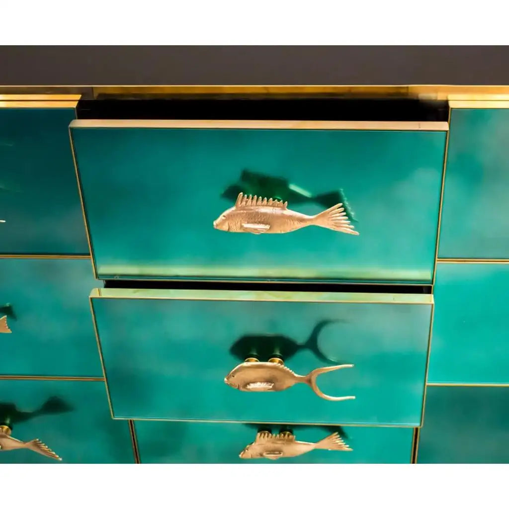 Bespoke Italian Art Deco Brass & Emerald Blue-Green Art Glass 9-Drawer Dresser Sideboard
