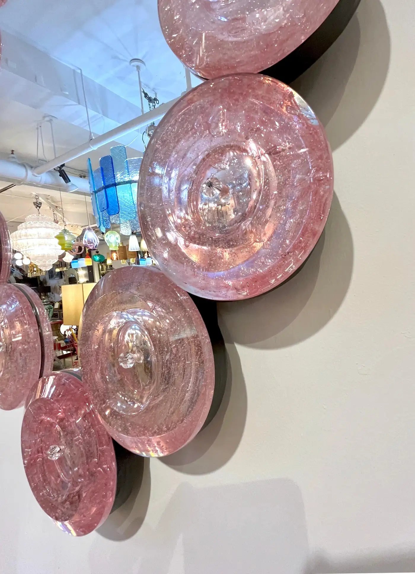 Contemporary Italian Custom Blush Pink Murano Glass Disc Modern Oval Mirror