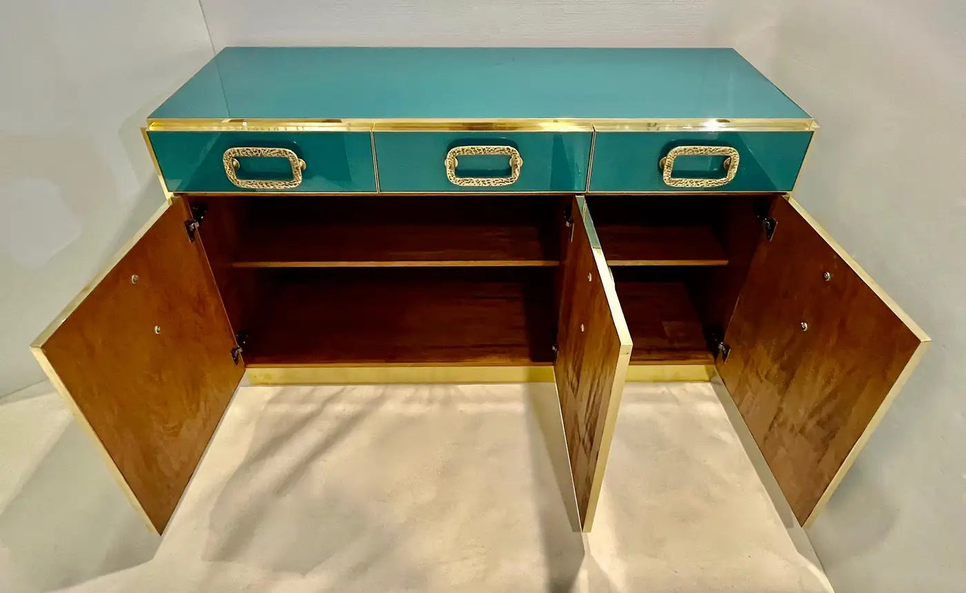 Bespoke Italian Metallic Emerald Blue Glass & Brass Dresser Sideboard