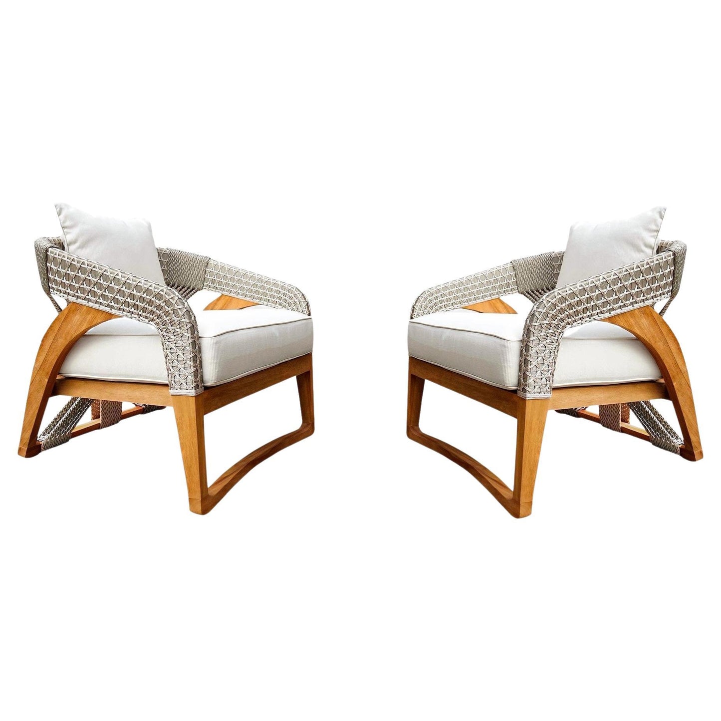 Outdoor Lounge Chairs – Set of 2 in Water-Based Teak with Hand-Woven Polyester Rope