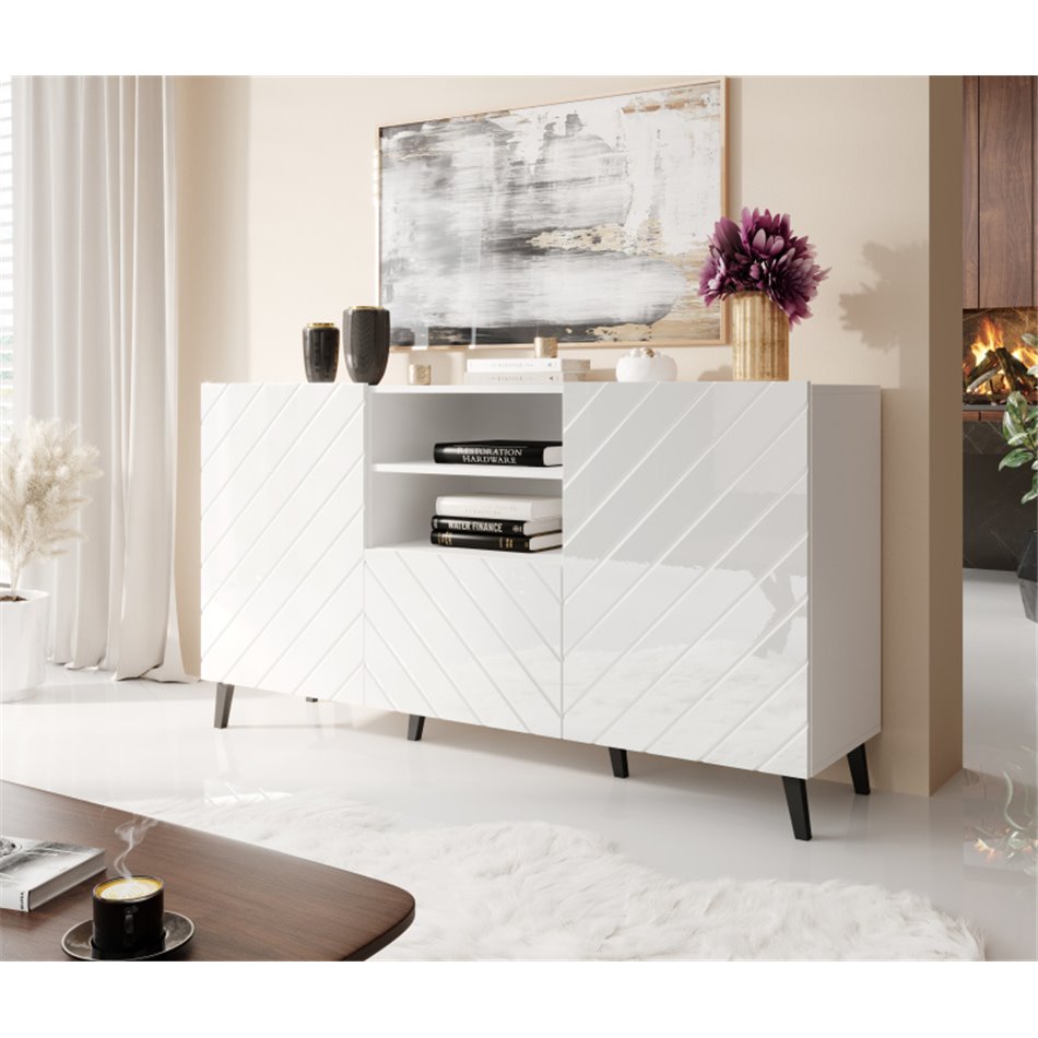 Sideboard Habeto, glossy white, chipboard, H82x150x41.6cm