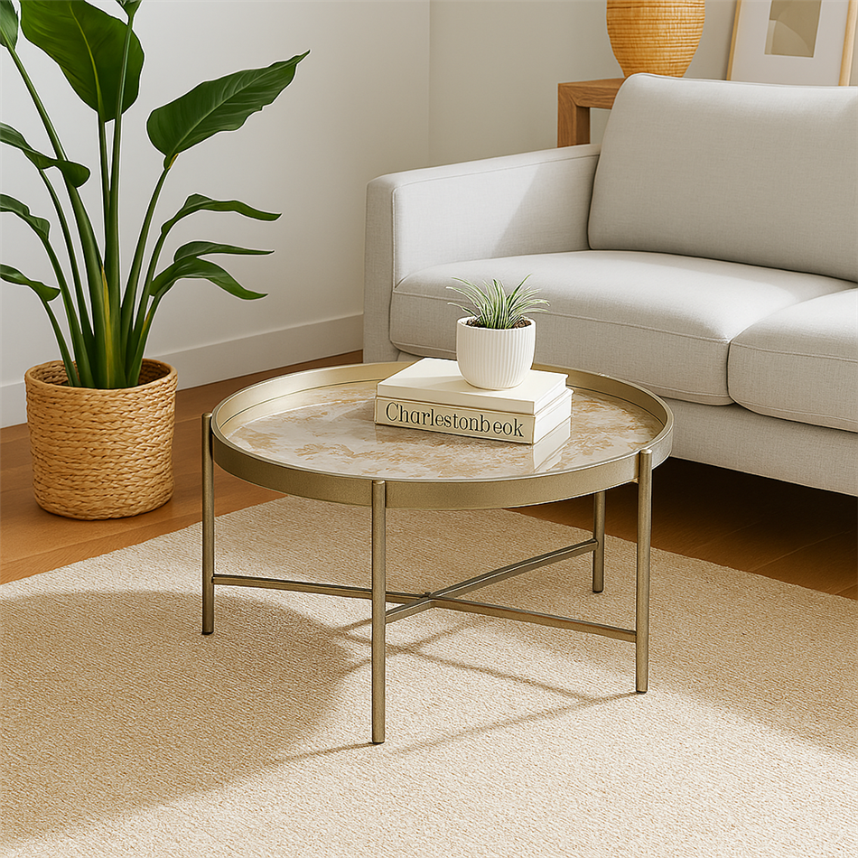 Round Coffee Table – Gold Metal & Plastic Modern Design