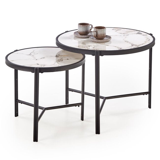 Hatima Coffee Table Set – White Marble & Black Sintered Stone, Ø63×50 cm / Ø48×43 cm