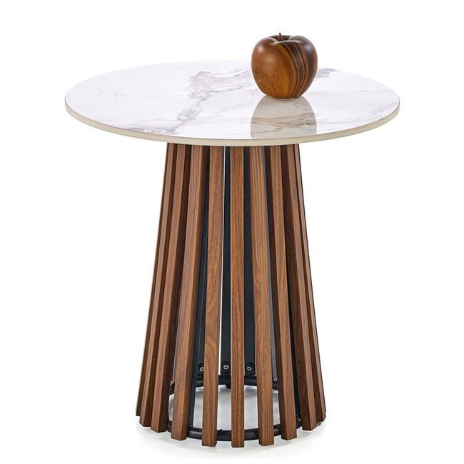 Harina Coffee Table – Beige Marble & Walnut Sintered Stone, Ø50×51 cm