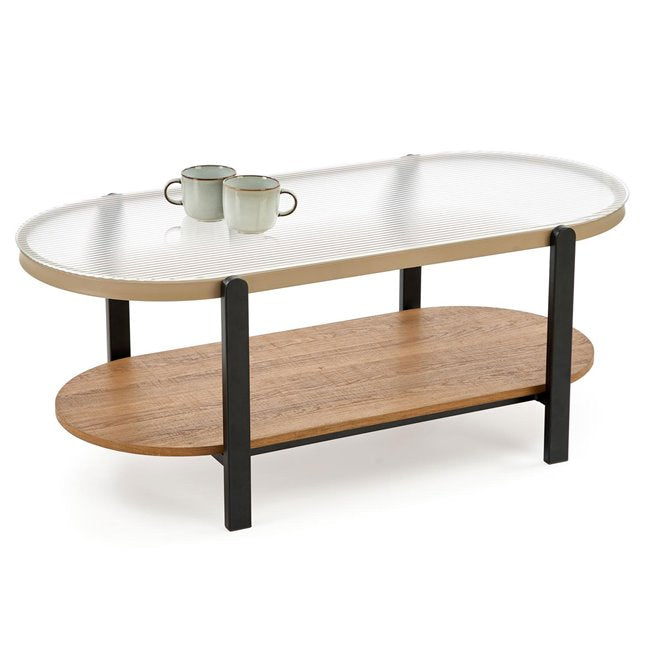 Hamala Coffee Table – Natural & Black MDF with Steel and Glass, 110×54×43 cm