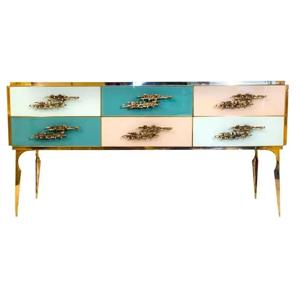 Bespoke Italian Art Deco Brass & Emerald Blue-Green Art Glass 9-Drawer Dresser Sideboard