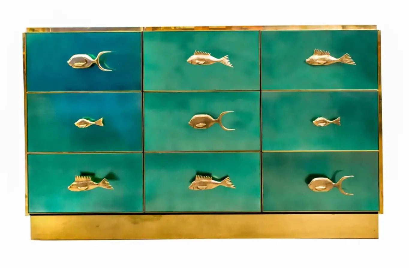 Bespoke Italian Metallic Emerald Blue Glass & Brass Dresser Sideboard