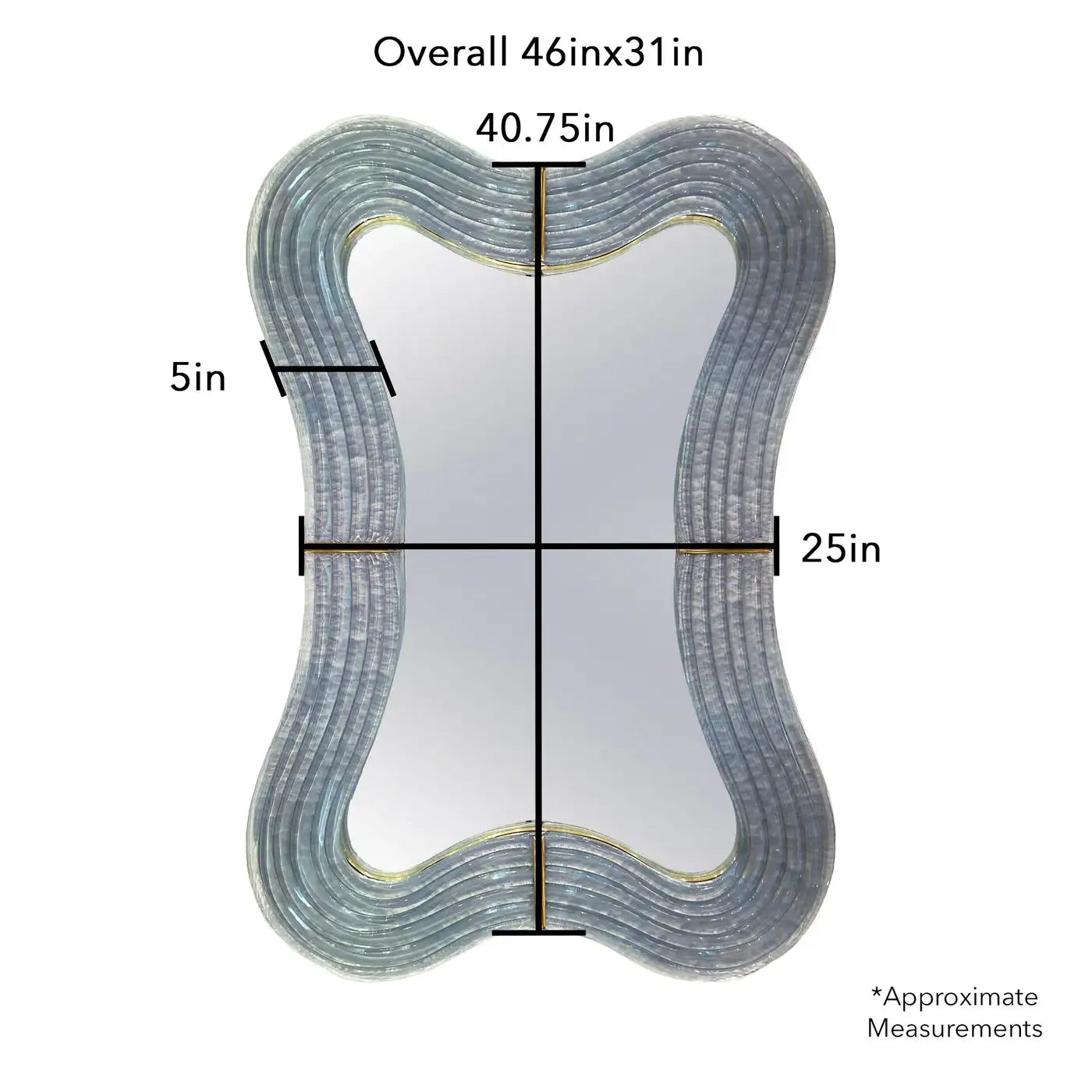 Contemporary Italian Pearl Gray Blue Murano Glass Curved Mirror & Brass Accents