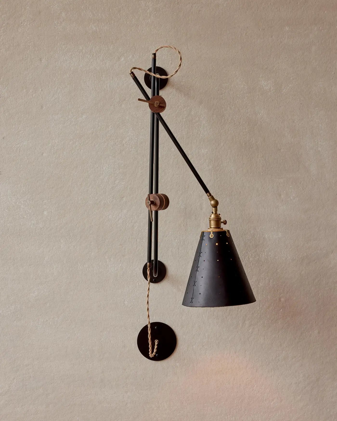 Modern Iron and Black Leather Grace Articulating Wall Sconce, Hardwired