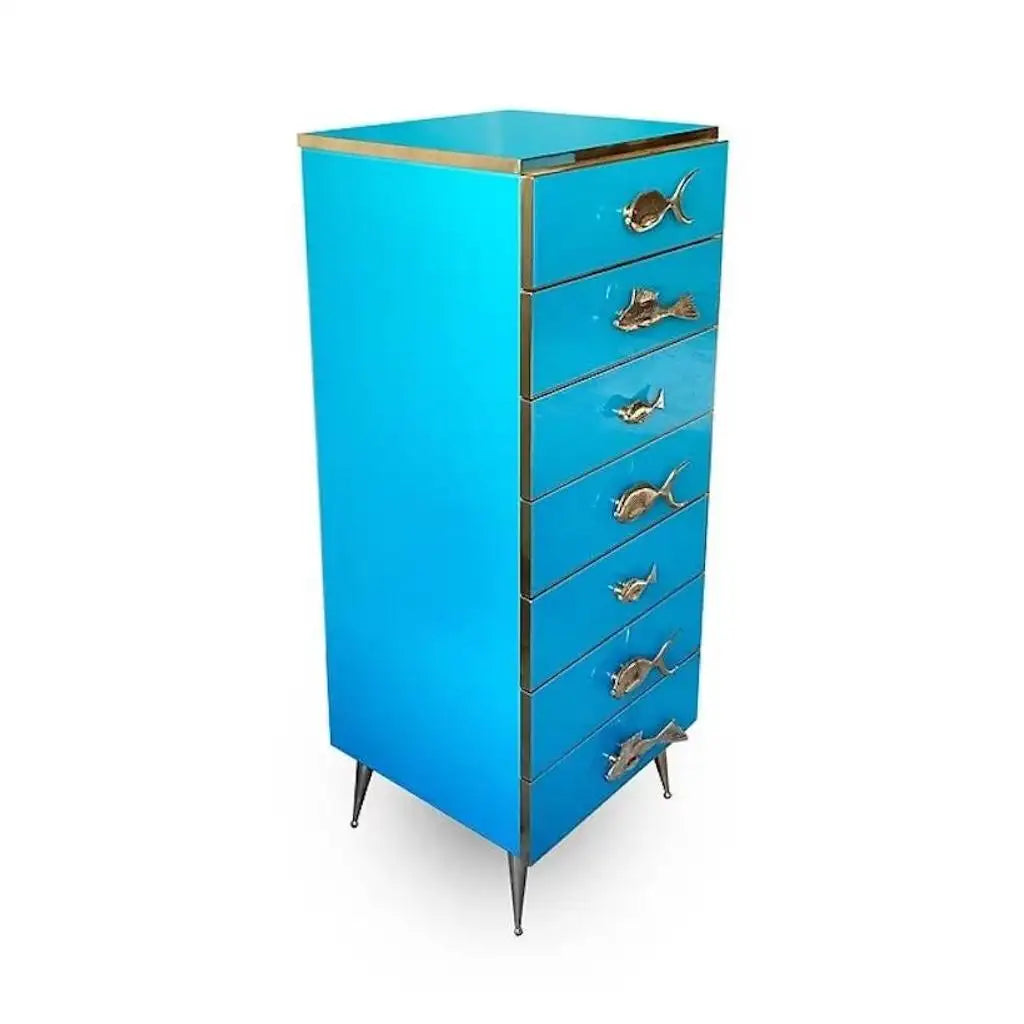 Bespoke Italian Art Deco Brass & Emerald Blue-Green Art Glass 9-Drawer Dresser Sideboard