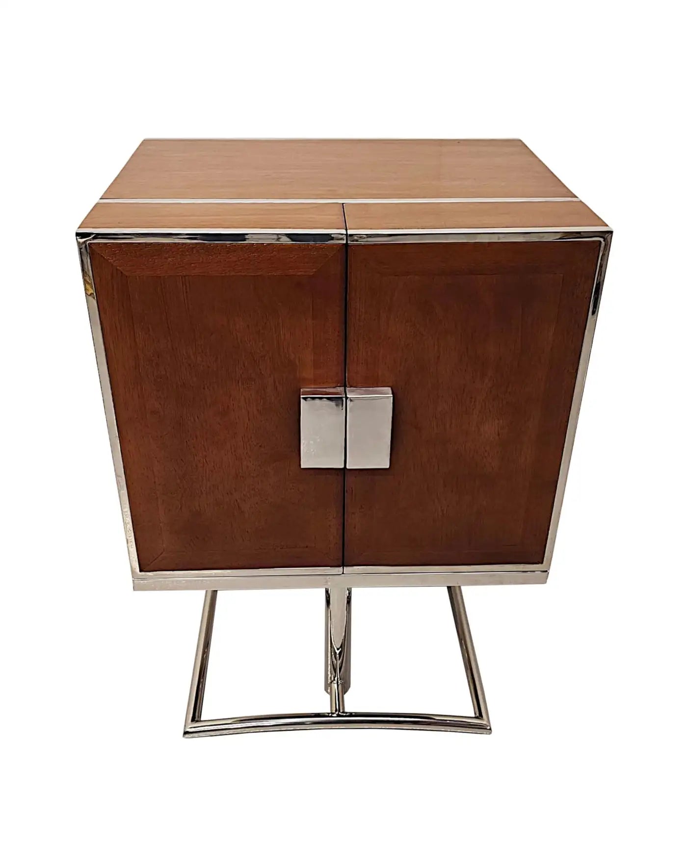 Brown side table with silver accents on a white background