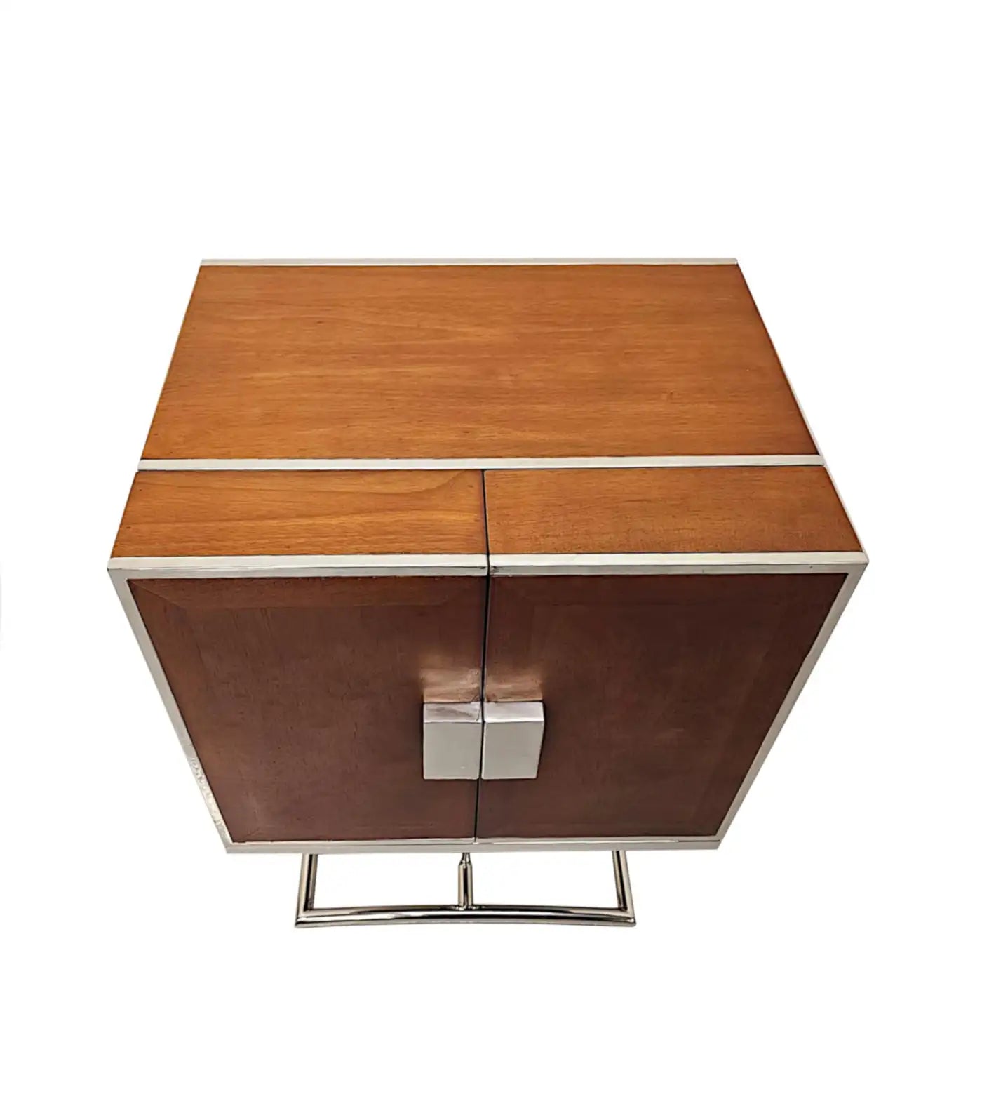 Wooden side table with metal base on a white background