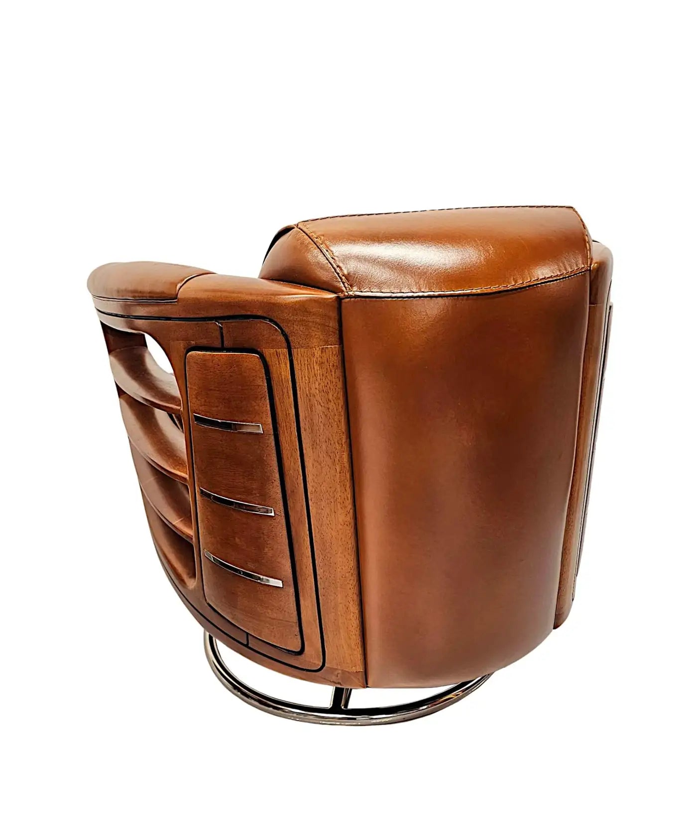 Contemporary Handcrafted Leather & Chrome Revolving Club Chair
