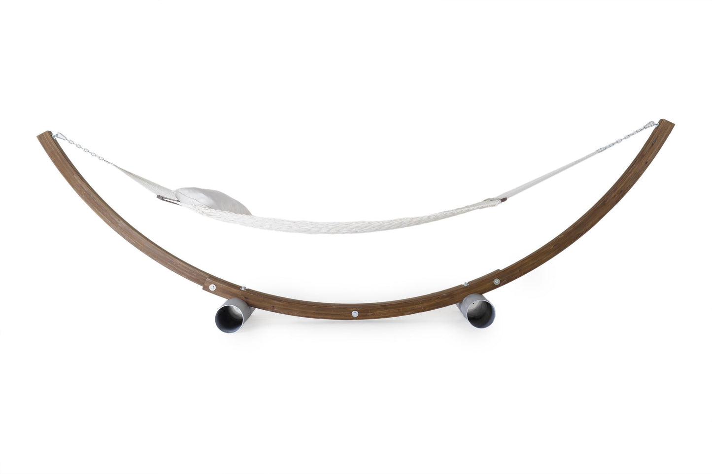 Curved wooden shelf with wheels on a white background