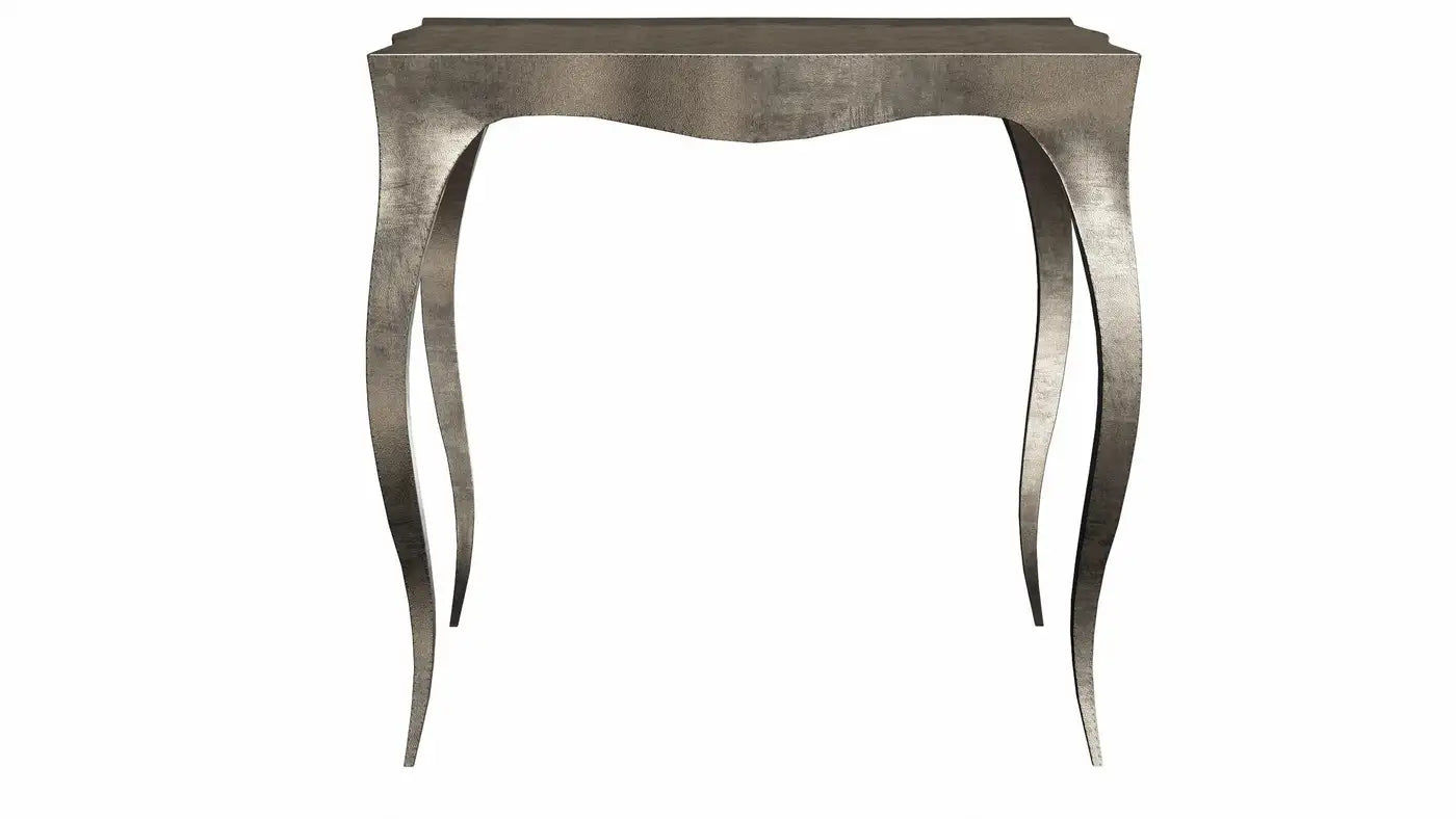 Metallic console table with curved legs on a white background
