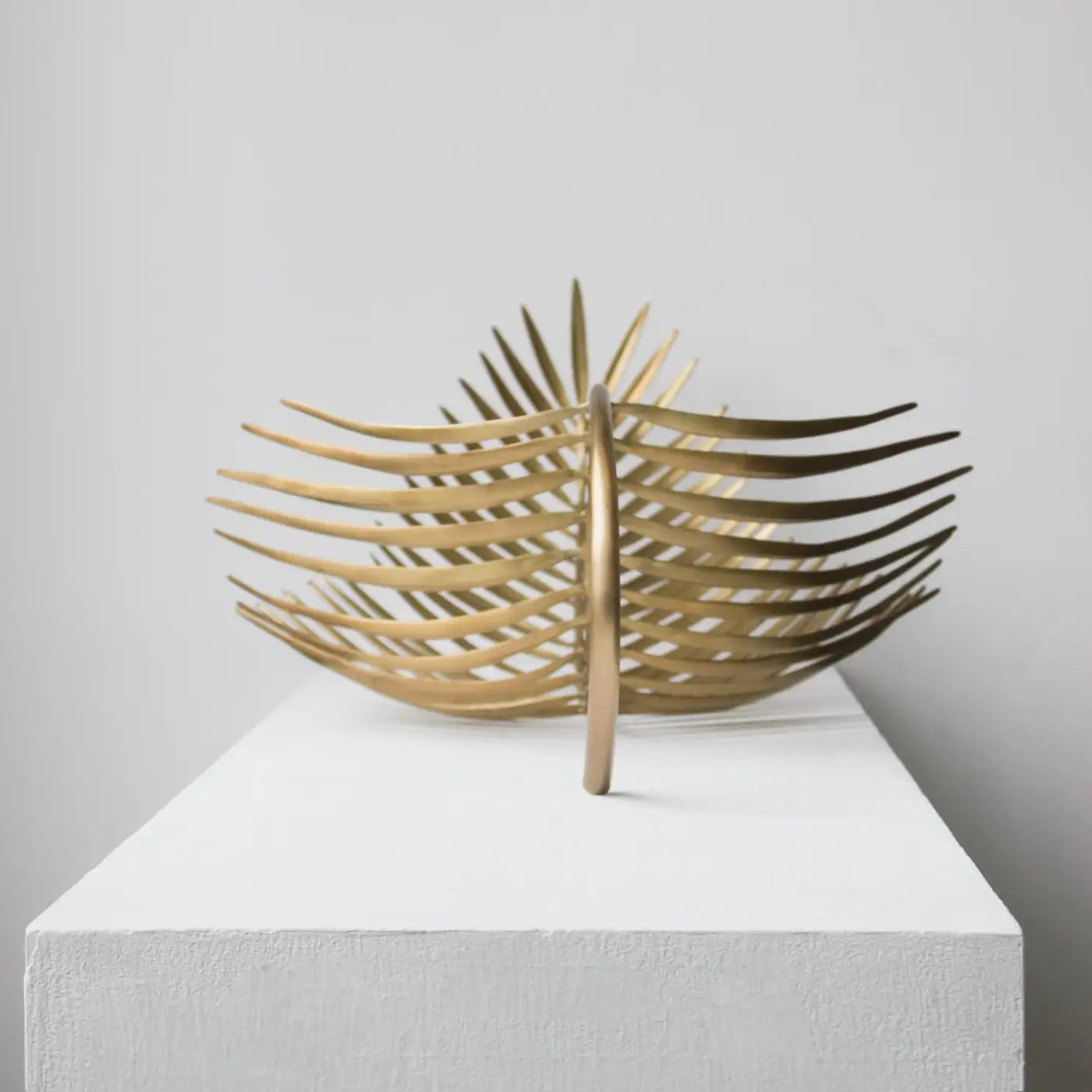 Large Hand-Cast Brass Palm Tree Leaf Sculpture, Decorative Bowl