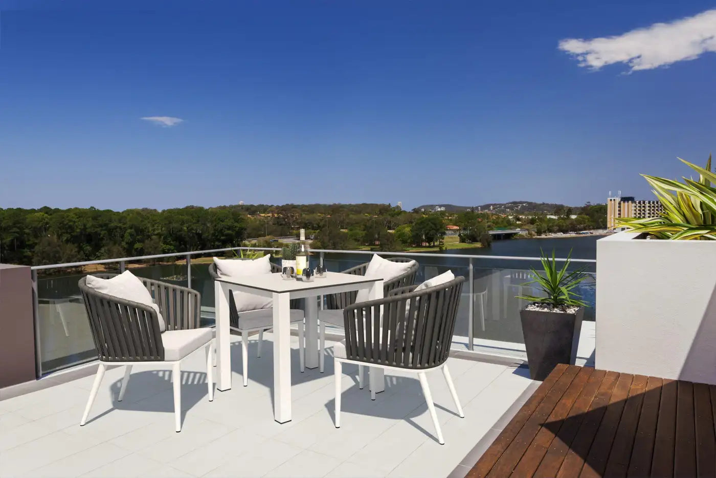 Ready To Ship Outdoor Dining Set: 8 Rope Chairs & Teak Dining Table