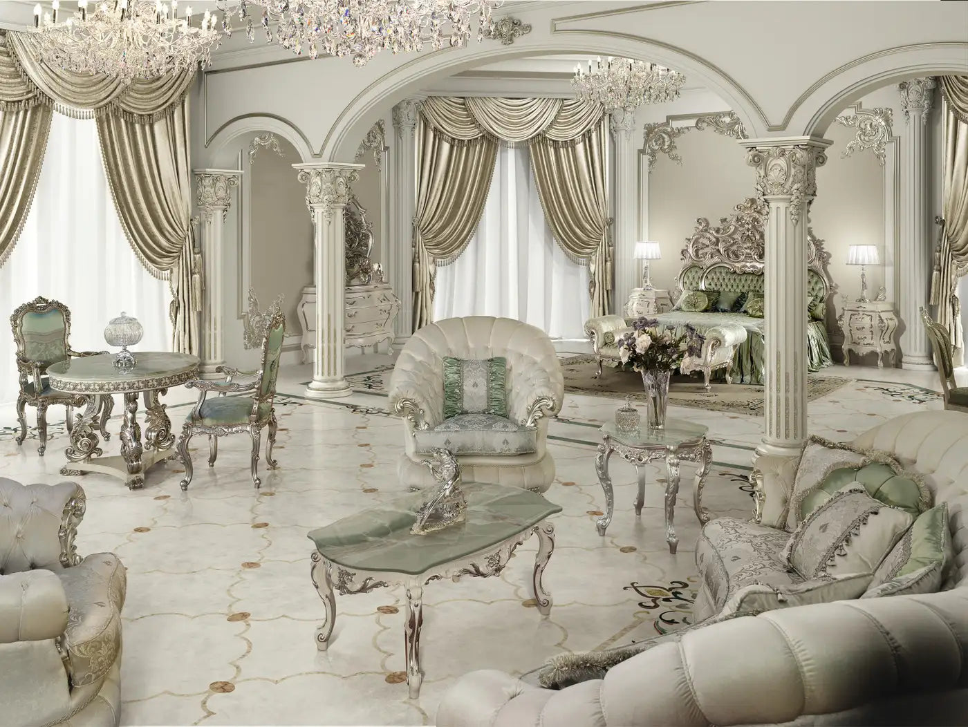 21st Century Green Baroque Double Bed by Modenese Gastone