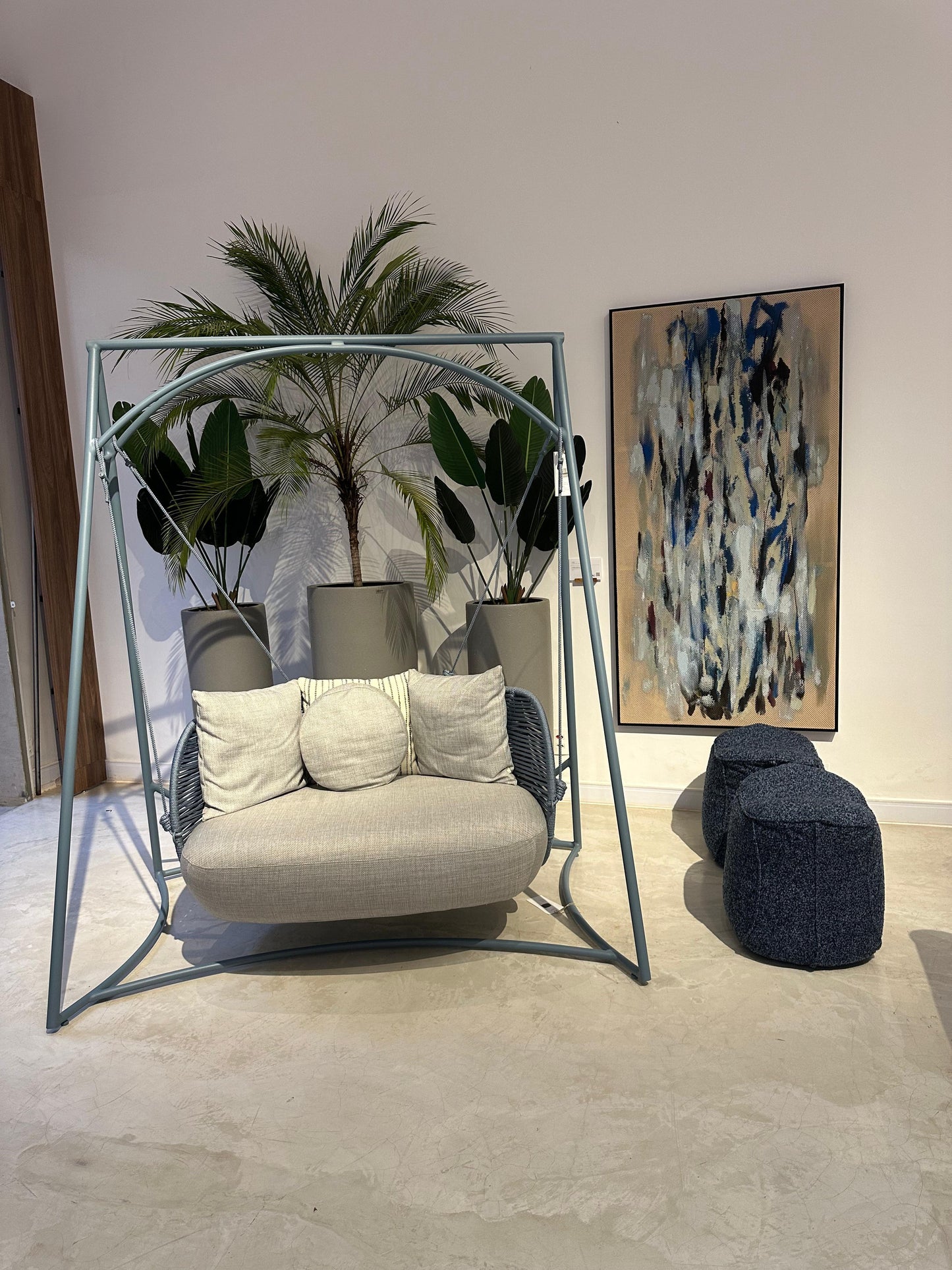 Perlage Outdoor Aluminum Swing Upholstered in Bouclé with Nautical Rope Details