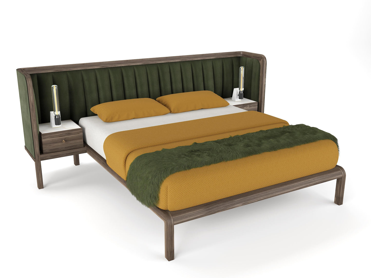 Cupid Bed in Black American Walnut & Velvet with Integrated Bedside Table