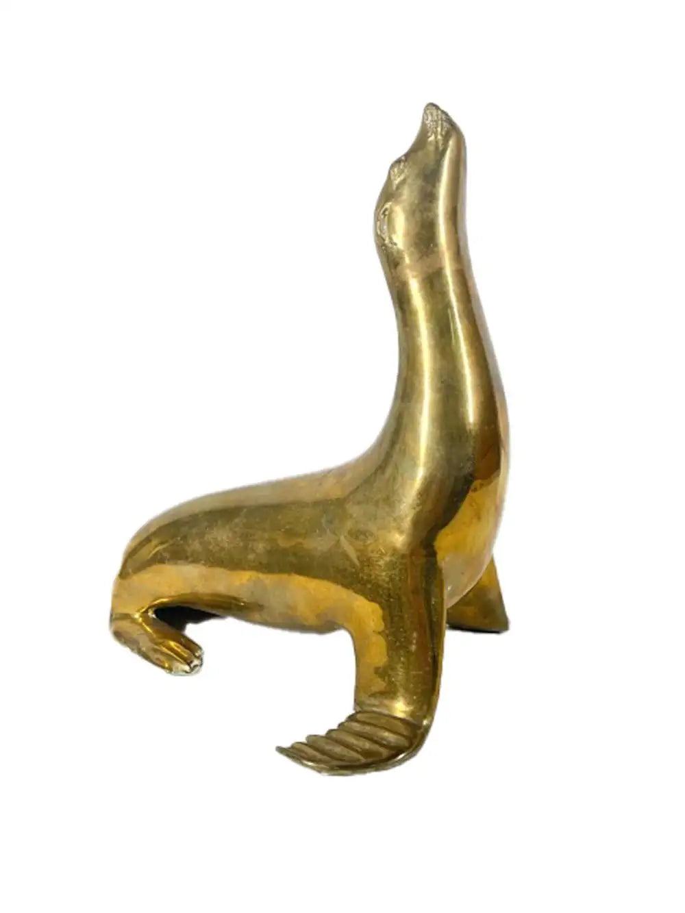 Pair Mid-Century Modern Cast Brass Figures of Seals with Noses Pointed Up
