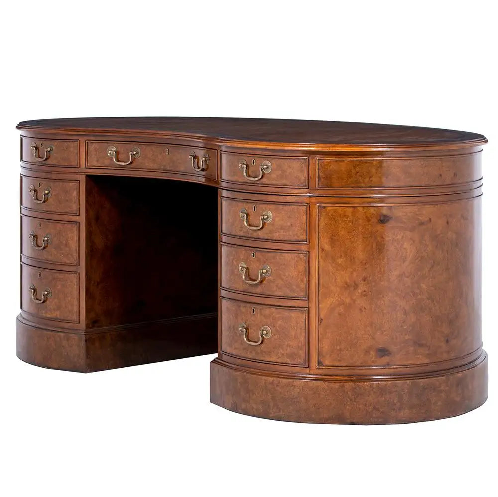 Burr Walnut Kidney Pedestal Desk with Leather Writing Surface