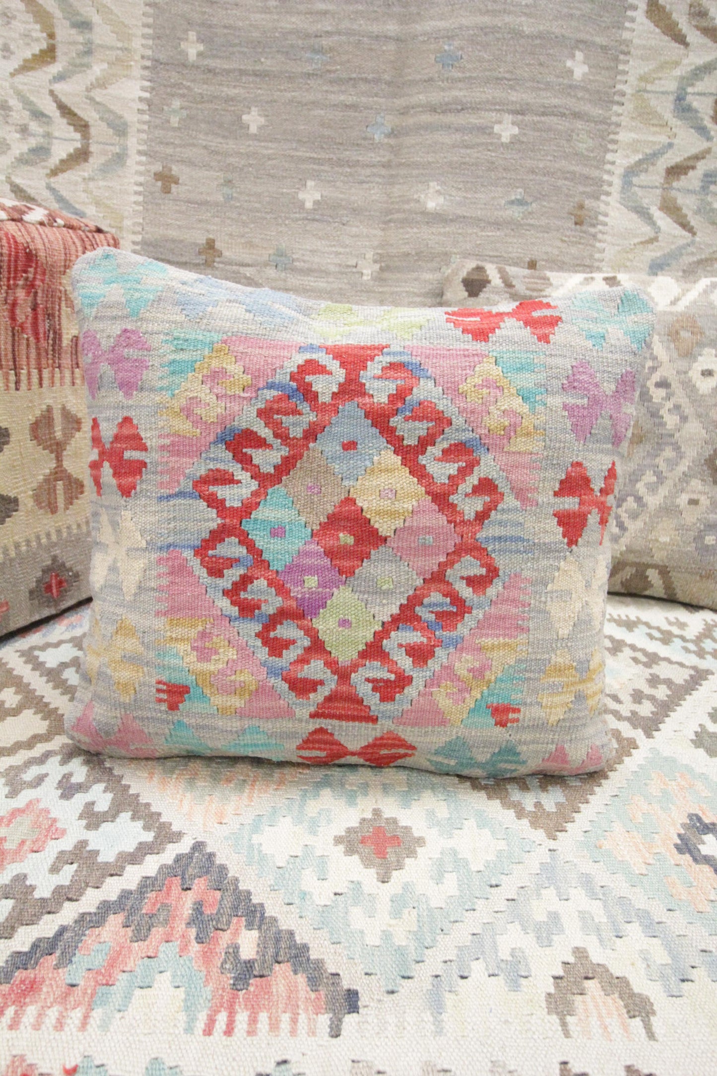 Modern Kilim Wool Pillow Case Blue Geometric, 50 x 50 cm