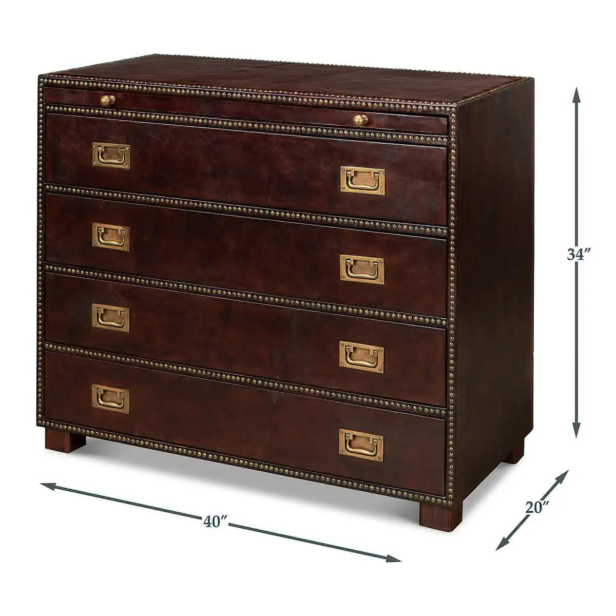 Campaign Style Leather-Wrapped Dresser with Brass Handles — 4 Drawers